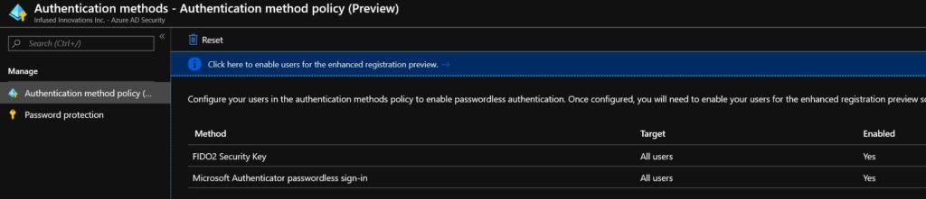 Screenshot of the Azure AD portal to enable FIDO2 authentication.