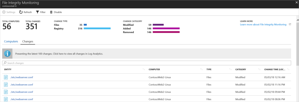Screenshot from Azure Security Center helps demystify common concerns of File Integrity Monitoring.
