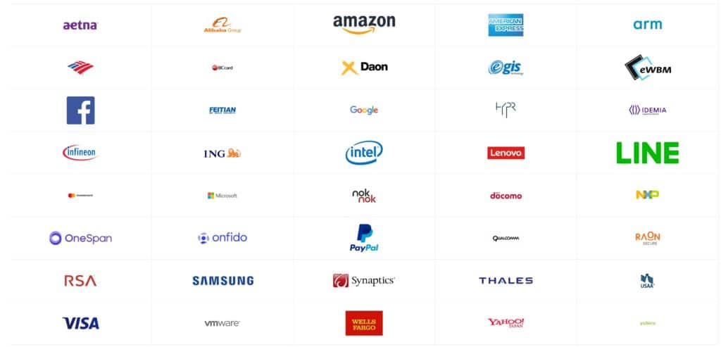 Logos of various FIDO2 member companies that can help you go passwordless with Microsoft 365.