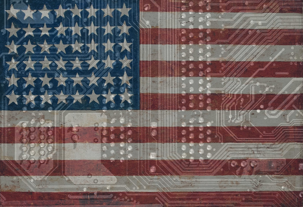 Image of U.S. flag over motherboard suggests democracy with responsible AI.
