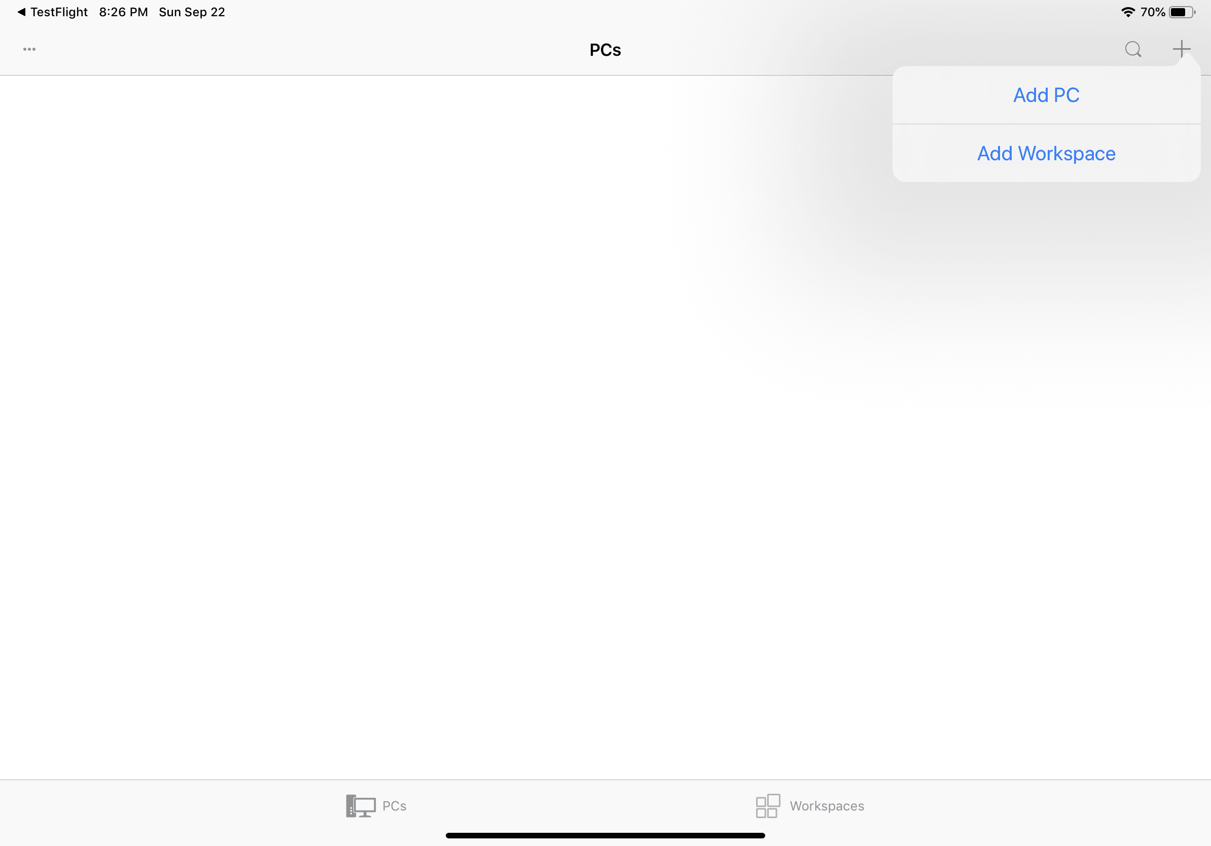 Screenshot of iPadOS Remote Desktop Beta homescreen.