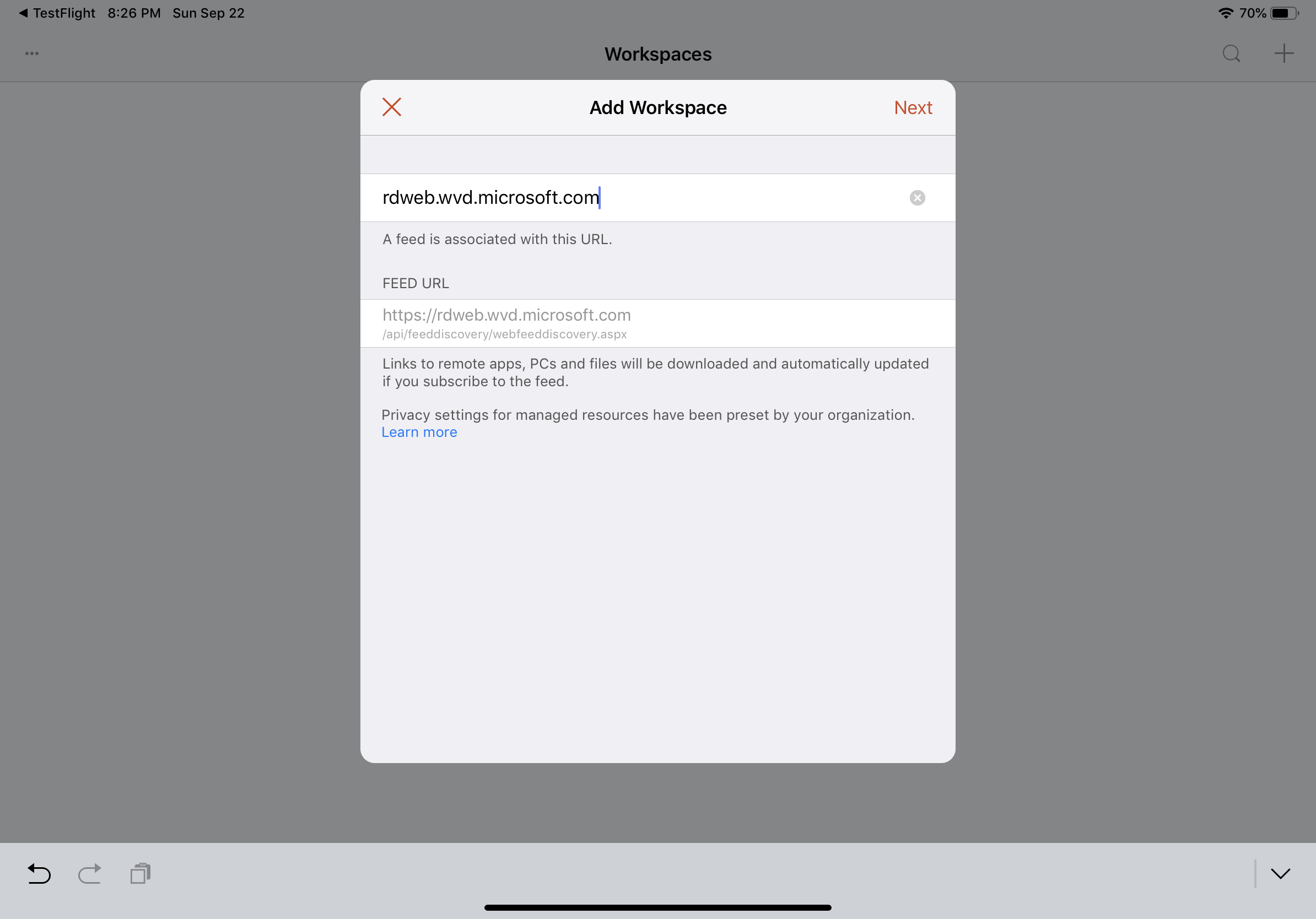 Screenshot of iPadOS RD Beta adding a Workspace feed.