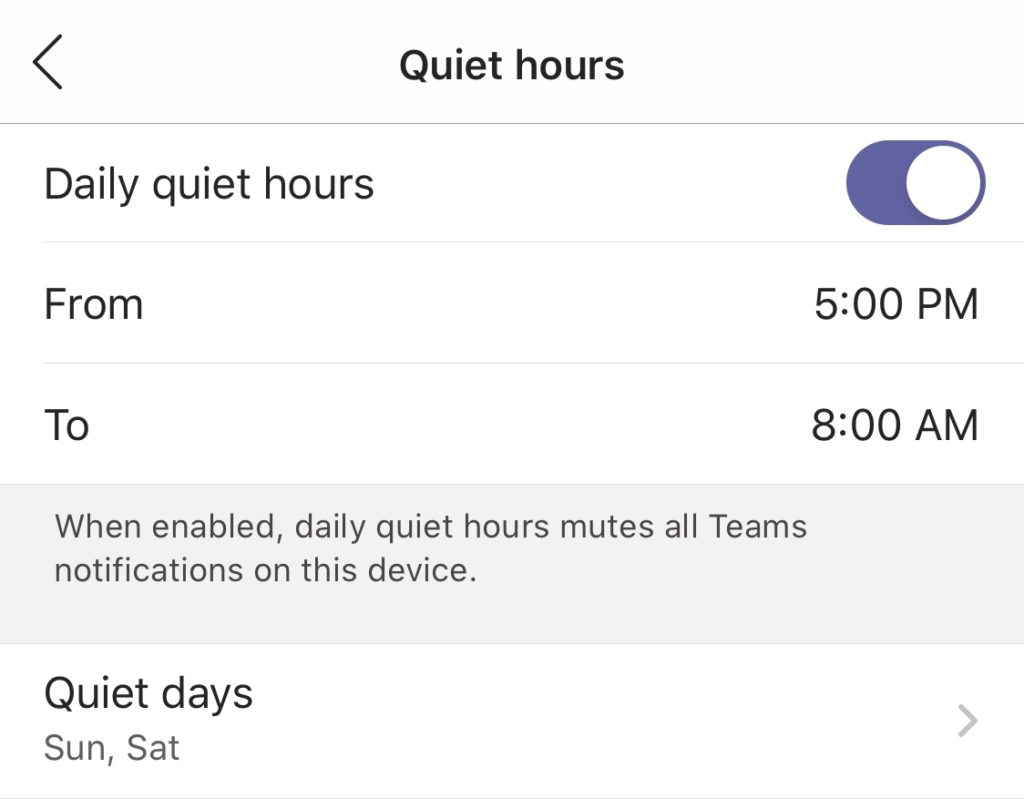 Screenshot shows quiet hours set in Microsoft Teams.