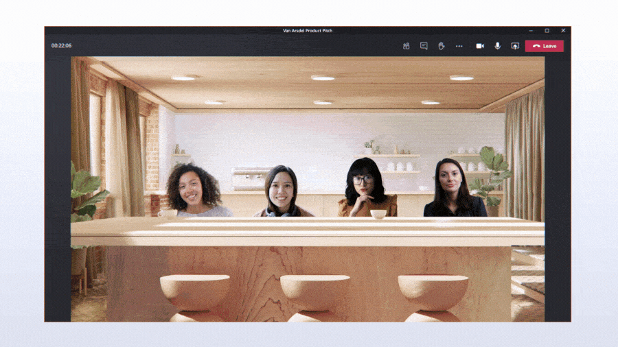 A Microsoft GIF shows various backgrounds for "Together Mode" in a Teams conference call.