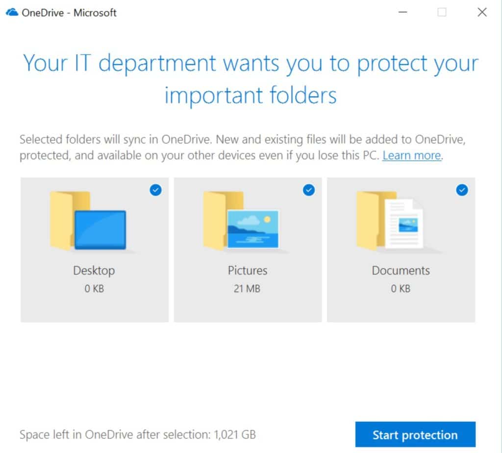 Screenshot of OneDrive Known Folder Protection.