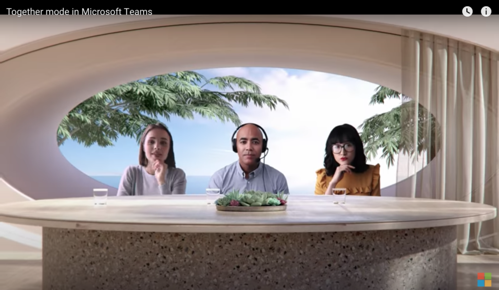 Screenshot of Microsoft Teams video shows call members in a chosen digital setting.