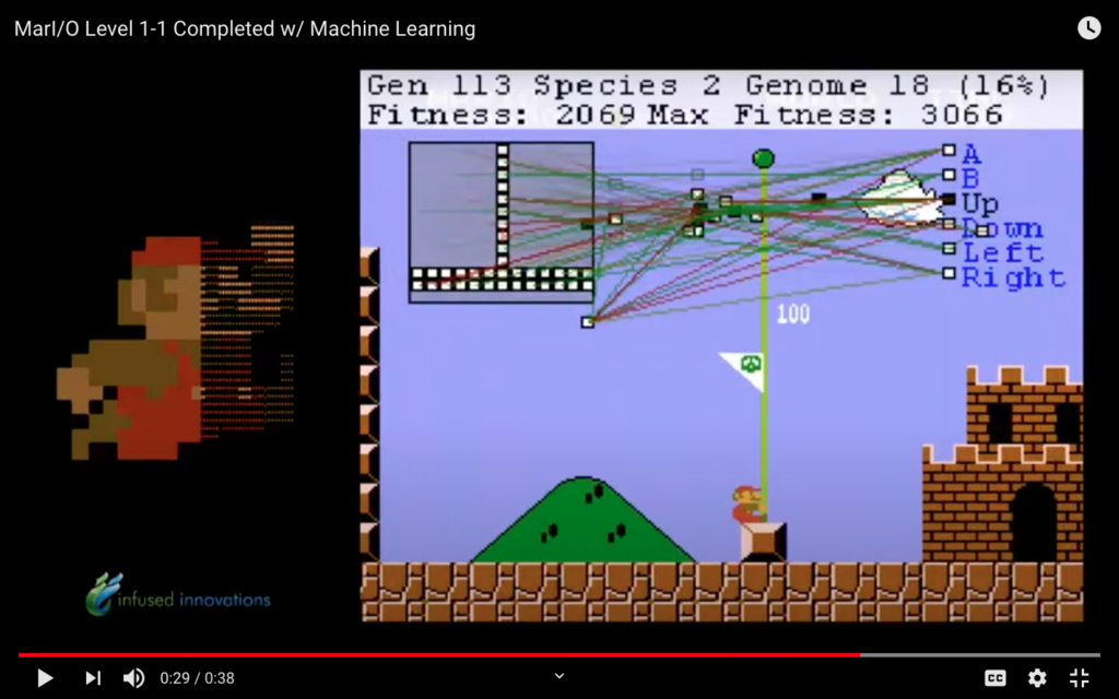 Screenshot of video shows Ben Pogacar's AI system successfully finishing the Mario Bros level.