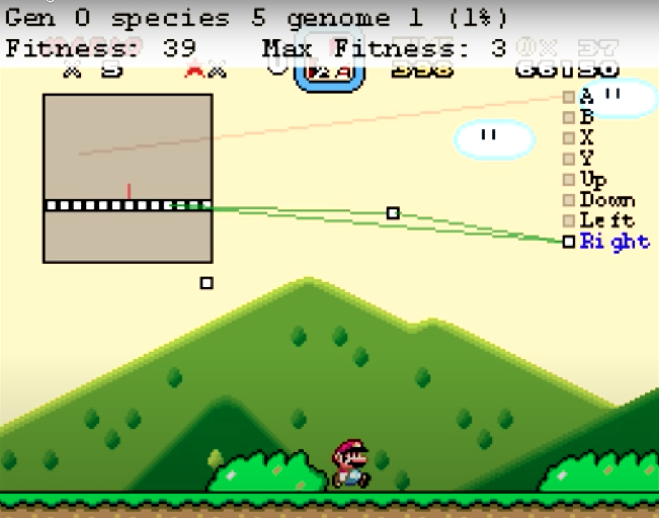 Video screenshot shows elementary generation of machine learning in Mario World.
