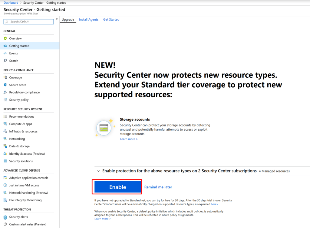 Screenshot of Azure Security Center Enable screen.