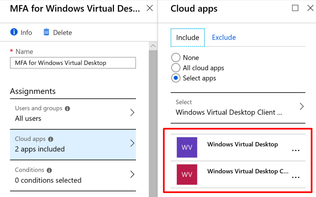 Windows Virtual Desktop with MFA App Selection Screen.