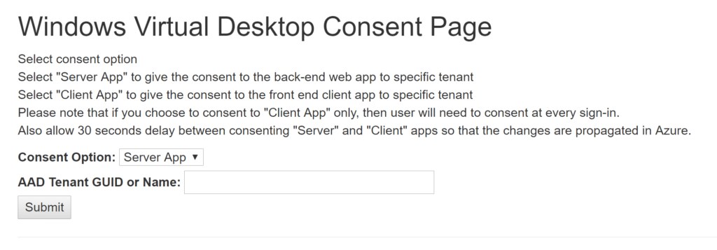 Screenshot of the WVD consent page.