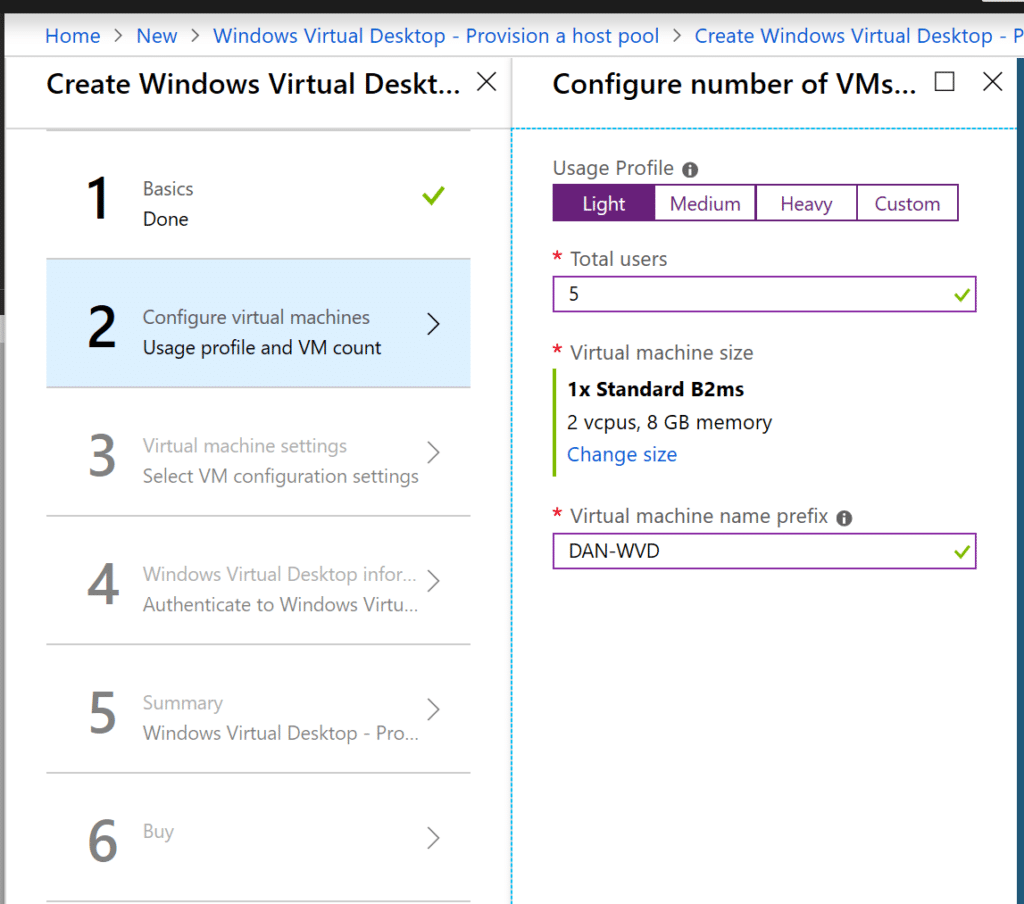 Deploy Windows Virtual Desktop VM Sizing Screen