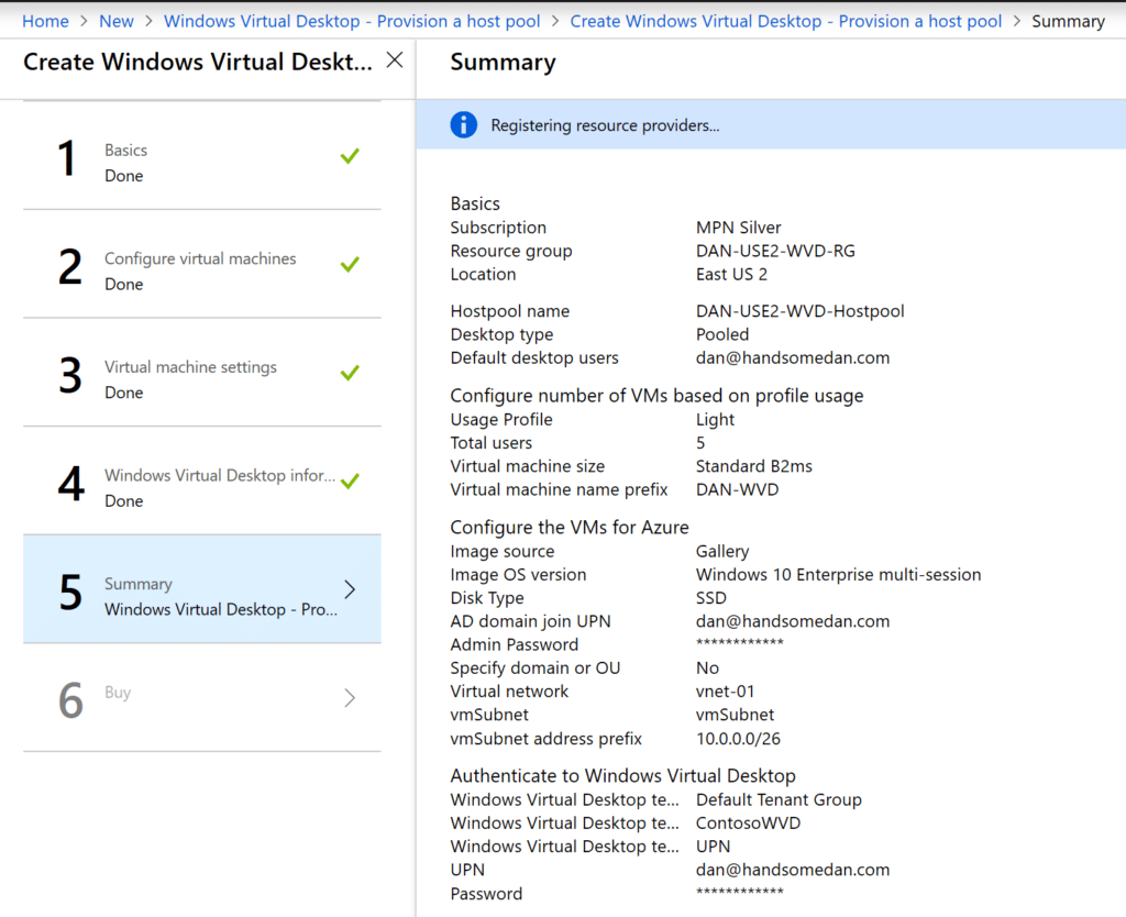 Deploy Windows Virtual Desktop in Azure Confirmation Screen