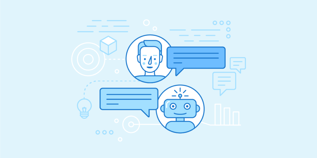 Cute graphic shows a person chatting with a bot.