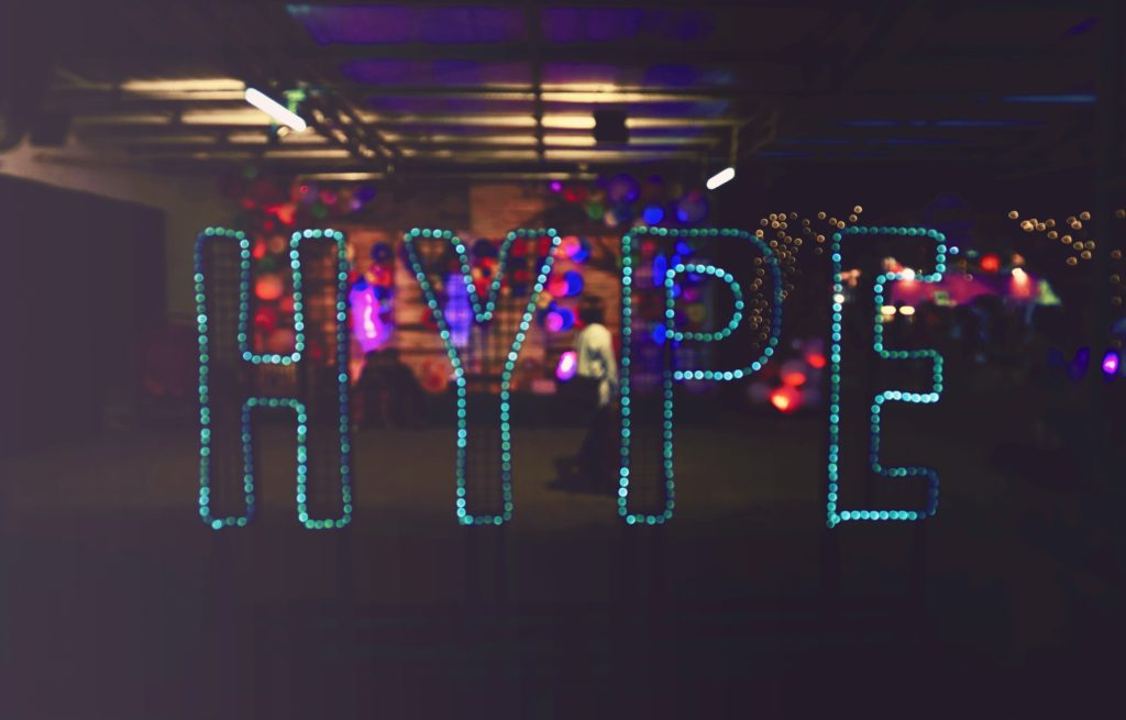 Light display spells the word "hype."