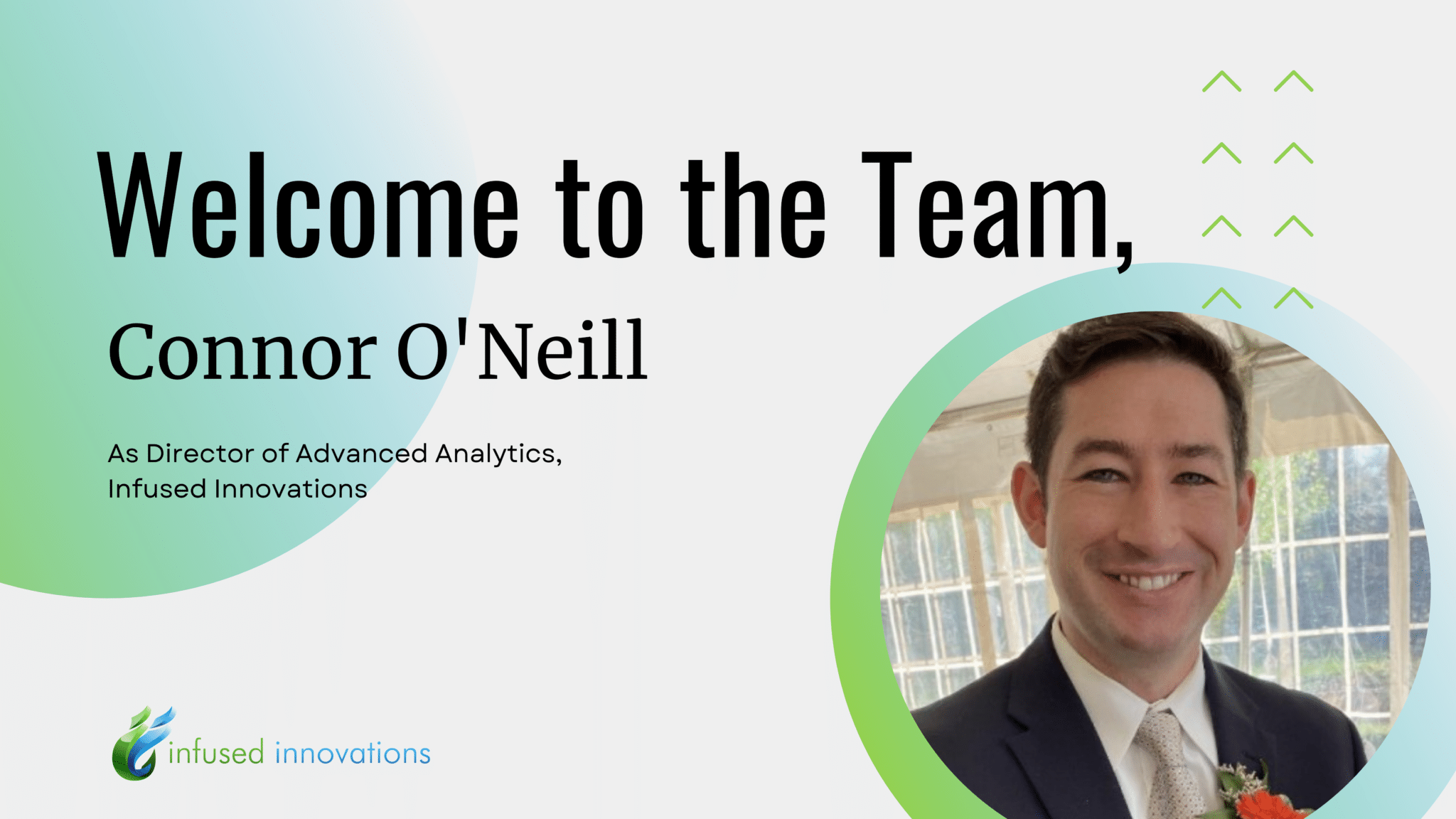 An image congratulating Connor O'Neill on his position as director of analytics at infused innovations.