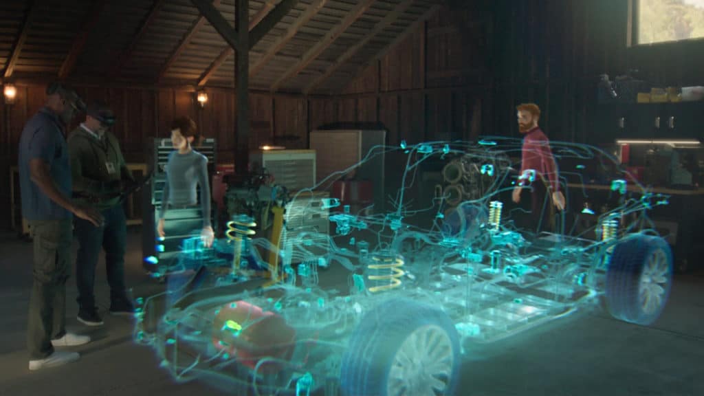 Image of Microsoft Mesh environment shows a holographic vehicle.
