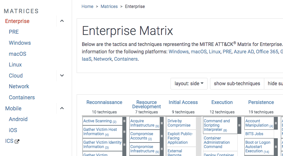 Screenshot from the ATT&CK website shows matrices and a sampling of attack techniques in the Enterprise Matrix.