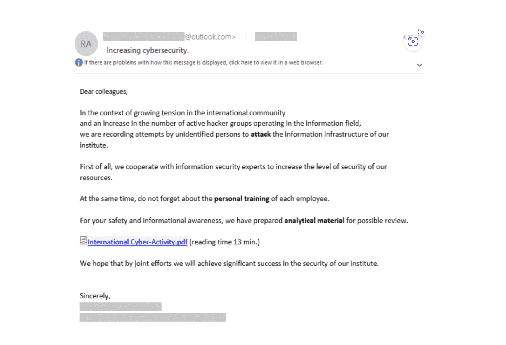 Example email from Russian hacker group SEABORGIUM shows impersonation of an IT team.