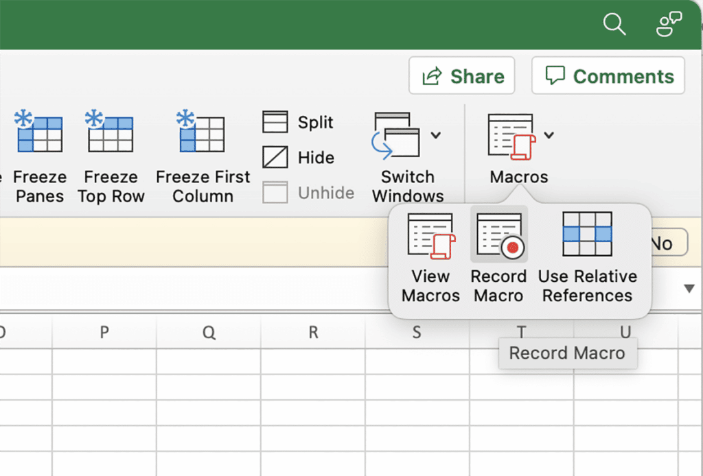 Screenshot shows how to record a macro in Excel: go to View > Macros > Record Macro.