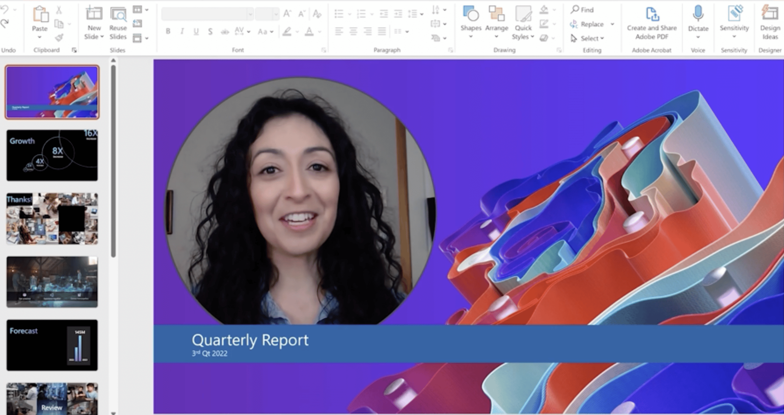 Screenshot shows the Cameo feature during PowerPoint live: the presenter's face appears in a circle on one side of the slide.