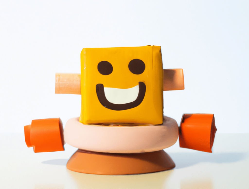 Image generated by DALL-2: portrayal of ChatGPT as a smiling clay robot