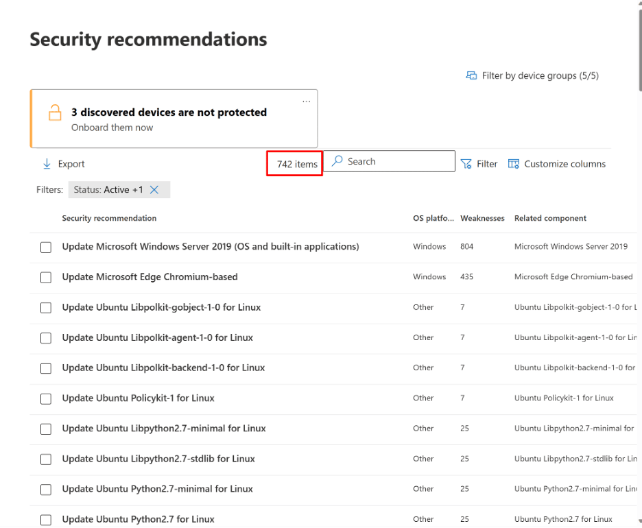 Screenshot shows a list of example security recommendations.