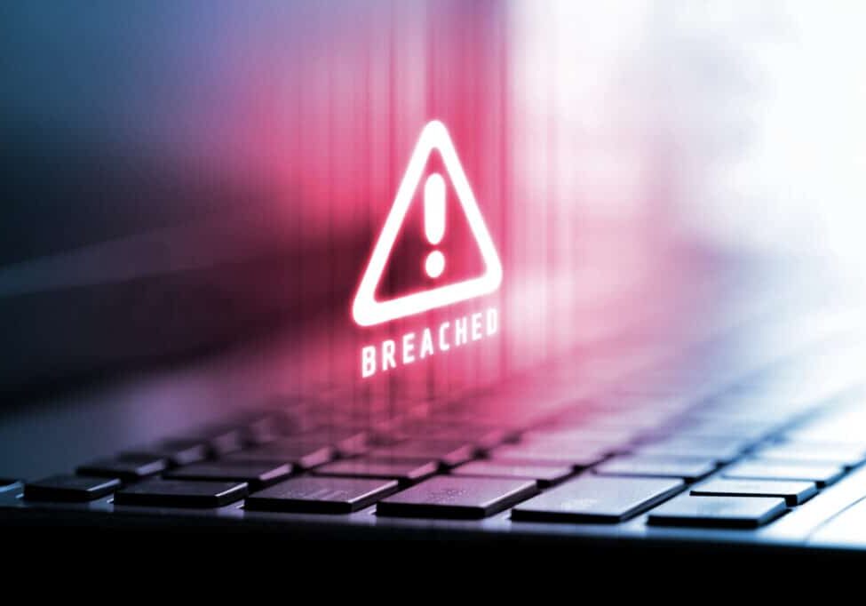 3D Rendering of alert logo on laptop computer. Concept of privacy data being hacked and breached from internet technology threat. For personal privacy, Cryptocurrency token security.