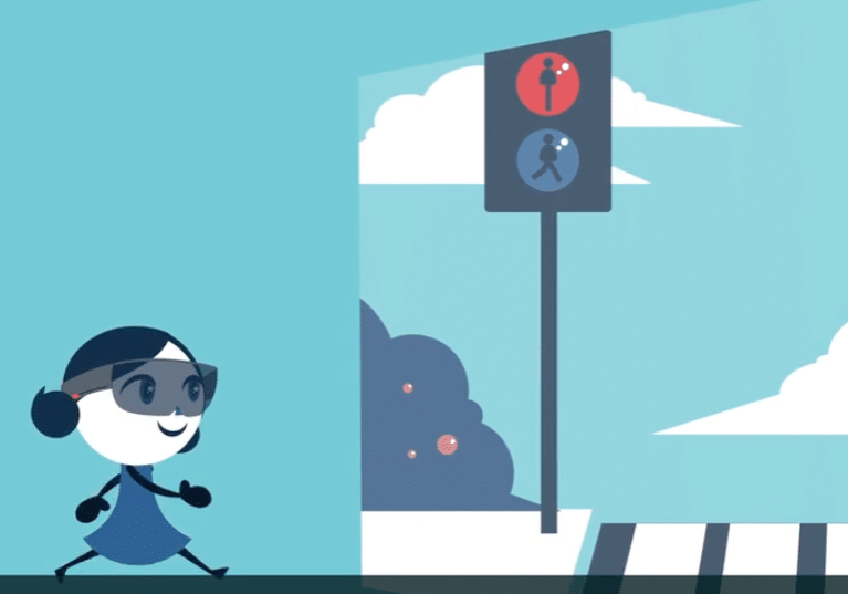 Graphic from Actimage's Hol'Autisme video shows a girl practicing safely crossing an intersection.